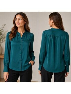 Banana Republic Silk Blouse Women’s 14 Teal Green Button Front Long Sleeve